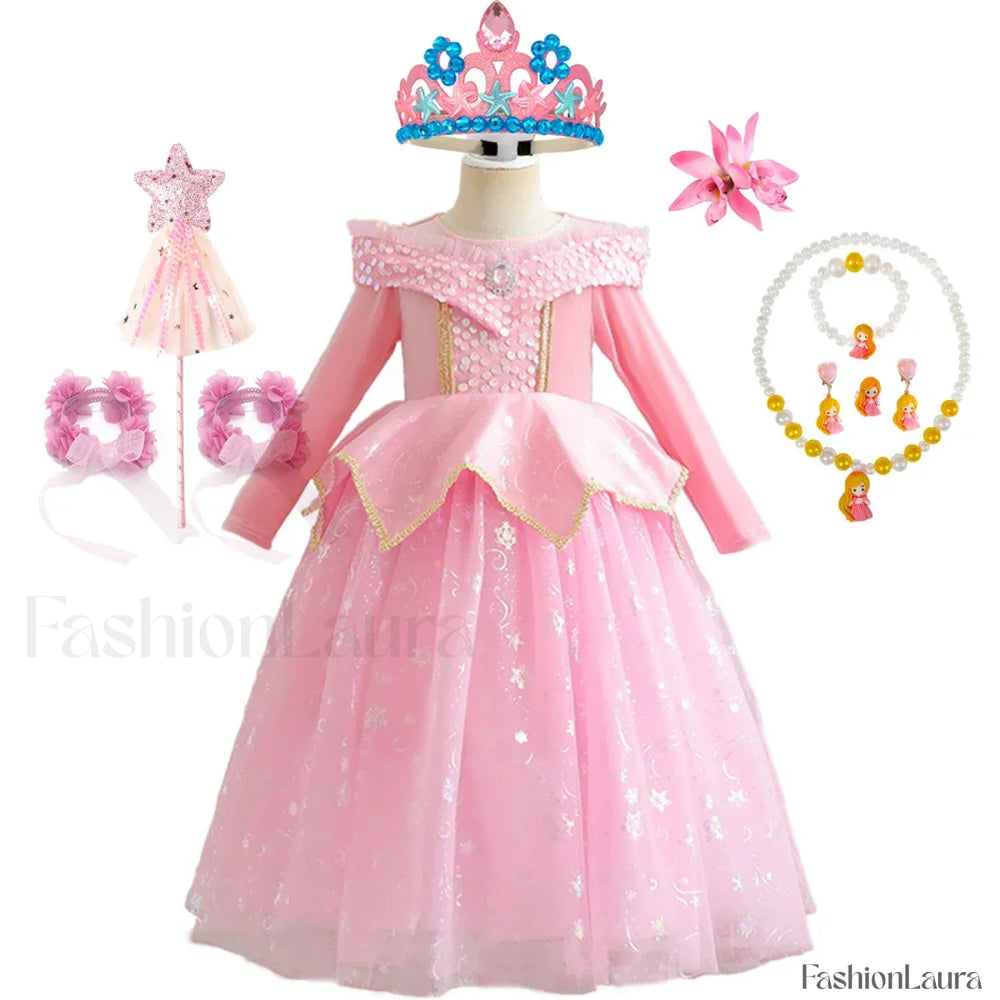 Pink Party Kid Elegant Spring Princess Sleeping Beauty Birthday Autumn Cosplay Aurora Costume 2Y Tag 100 / Dress Sets 08