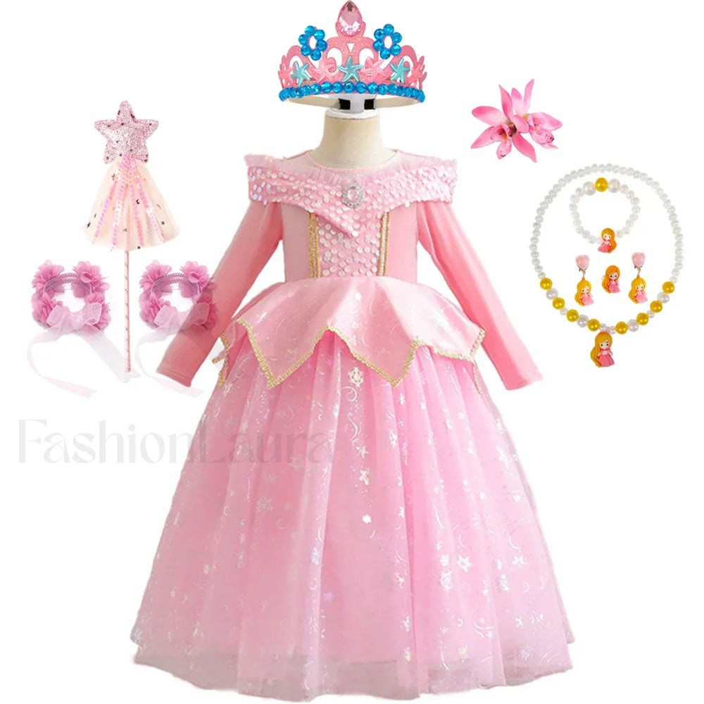 Pink Party Kid Elegant Spring Princess Sleeping Beauty Birthday Autumn Cosplay Aurora Costume 2Y Tag 100 / Dress Sets 08