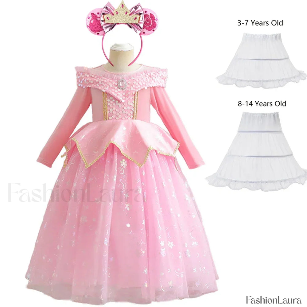 Pink Party Kid Elegant Spring Princess Sleeping Beauty Birthday Autumn Cosplay Aurora Costume 2Y Tag 100 / Dress Sets 09