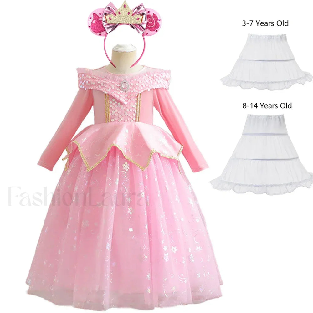 Pink Party Kid Elegant Spring Princess Sleeping Beauty Birthday Autumn Cosplay Aurora Costume 2Y Tag 100 / Dress Sets 09