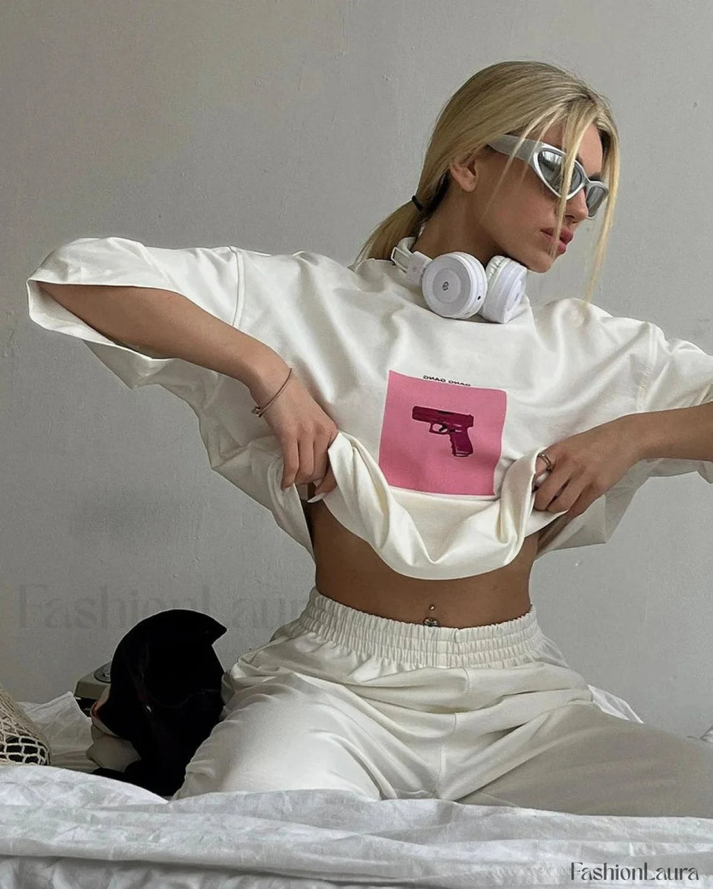 Pink Print Cotton T Shirt White / M
