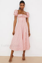 Pink Printed Puff Charming Sleeve Midi Dress