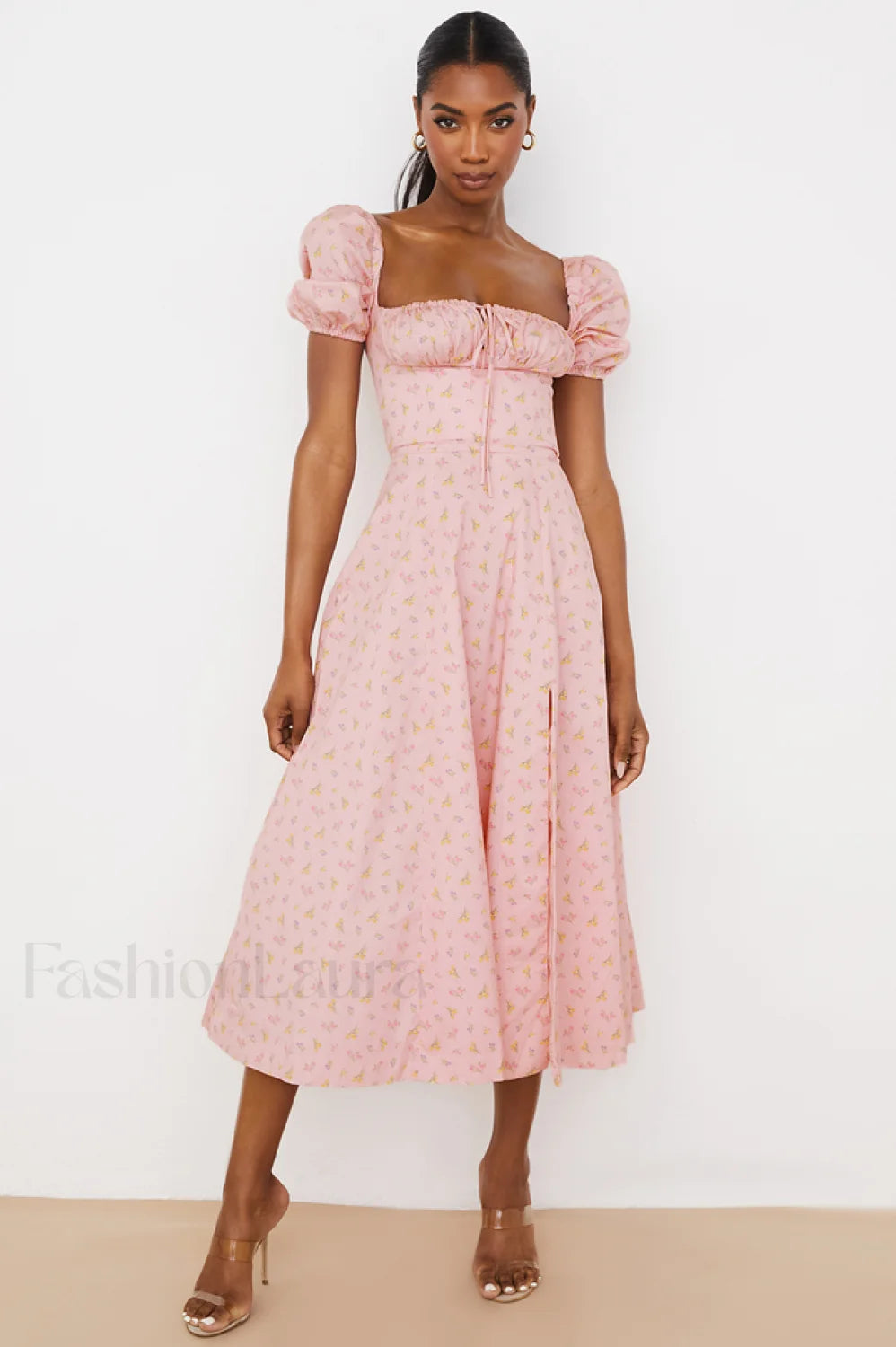 Pink Printed Puff Charming Sleeve Midi Dress