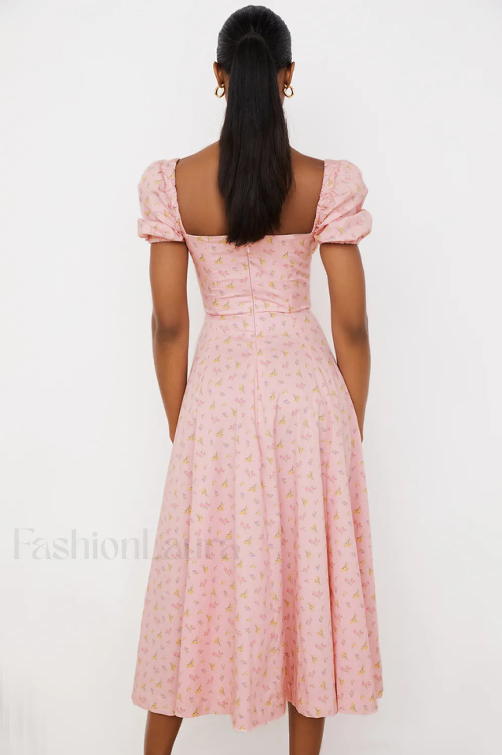 Pink Printed Puff Charming Sleeve Midi Dress