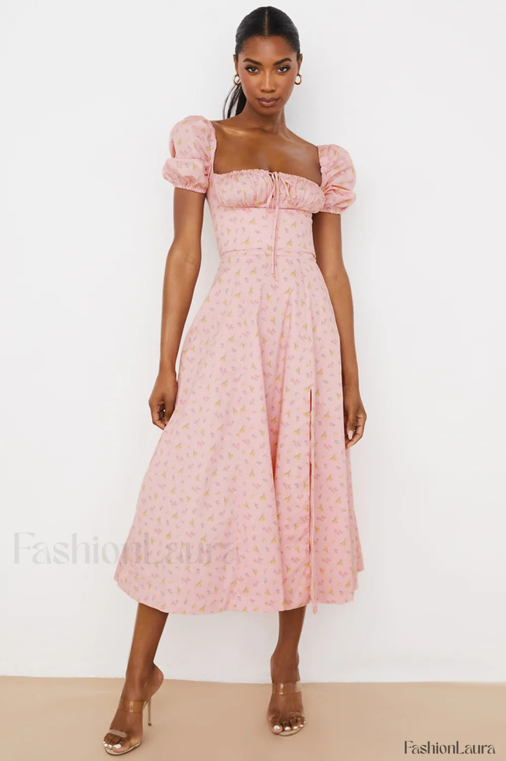 Pink Printed Puff Charming Sleeve Midi Dress