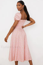 Pink Printed Puff Charming Sleeve Midi Dress
