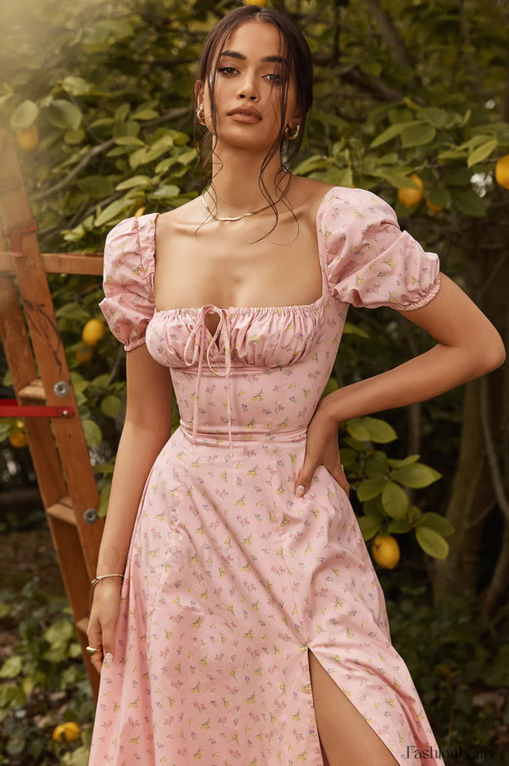 Pink Printed Puff Charming Sleeve Midi Dress