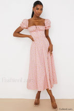 Pink Printed Puff Charming Sleeve Midi Dress