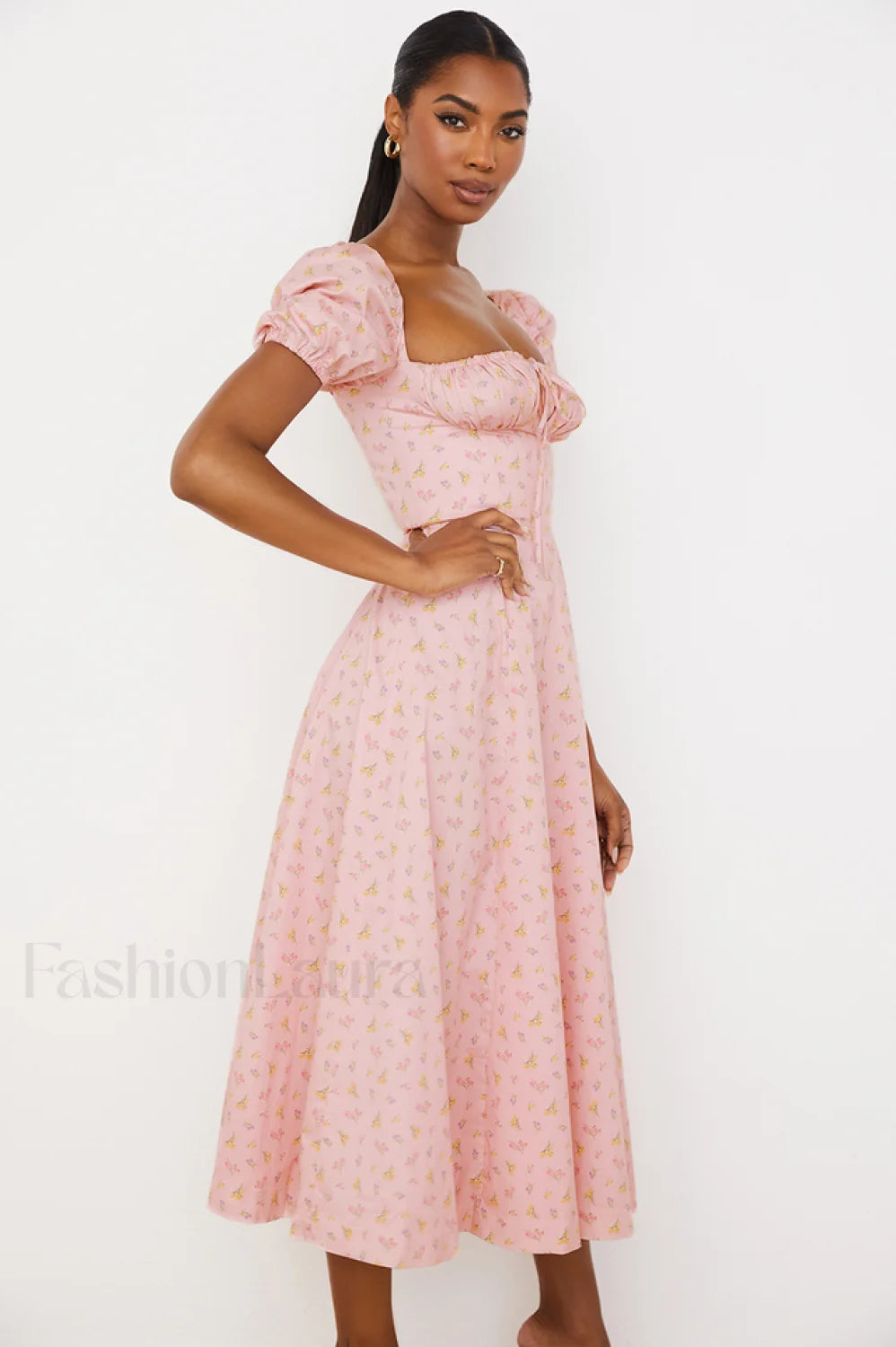Pink Printed Puff Charming Sleeve Midi Dress
