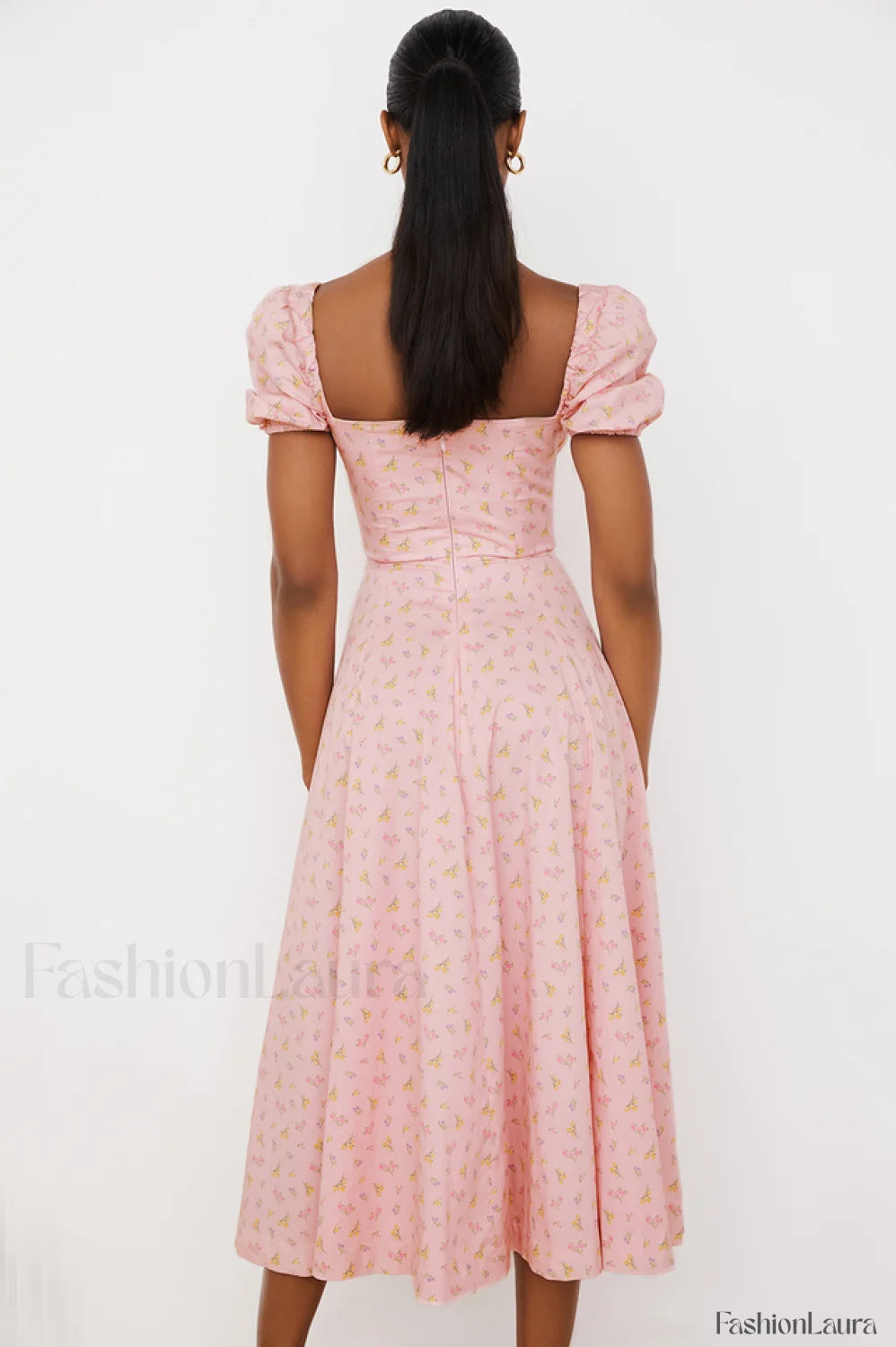 Pink Printed Puff Charming Sleeve Midi Dress