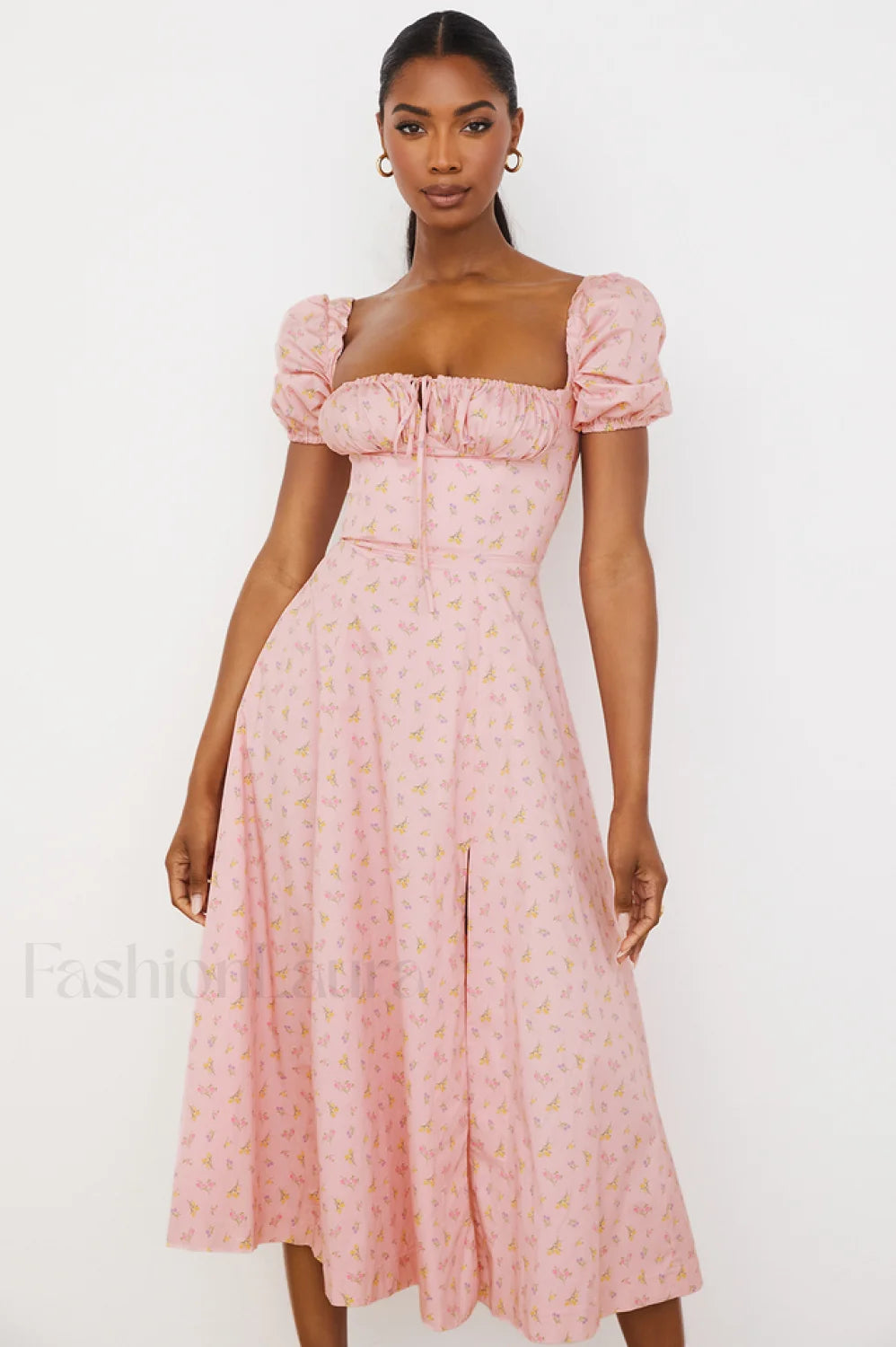 Pink Printed Puff Charming Sleeve Midi Dress XS / Pink Printed