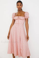 Pink Printed Puff Charming Sleeve Midi Dress XS / Pink Printed