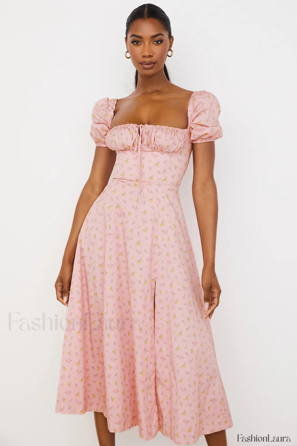 Pink Printed Puff Charming Sleeve Midi Dress XS / Pink Printed