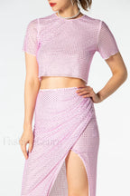Pink Rhinestone Wrap Charming Midi Skirt Set