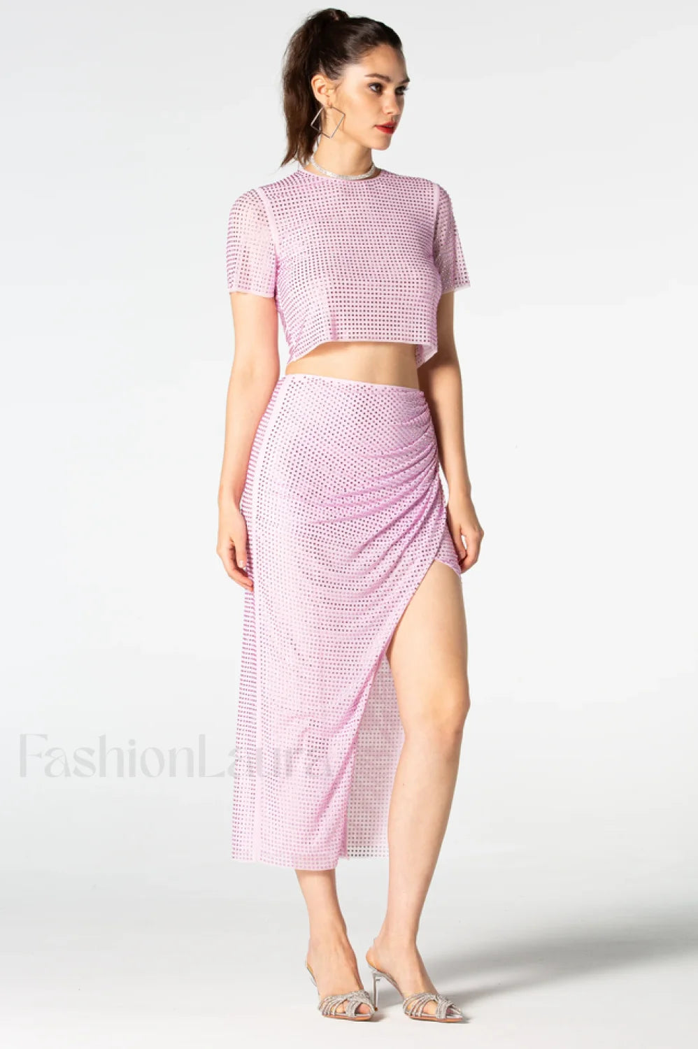 Pink Rhinestone Wrap Charming Midi Skirt Set