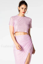 Pink Rhinestone Wrap Charming Midi Skirt Set