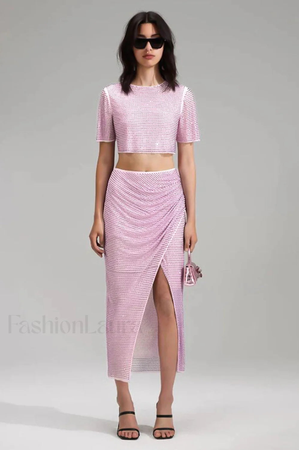 Pink Rhinestone Wrap Charming Midi Skirt Set