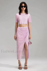 Pink Rhinestone Wrap Charming Midi Skirt Set