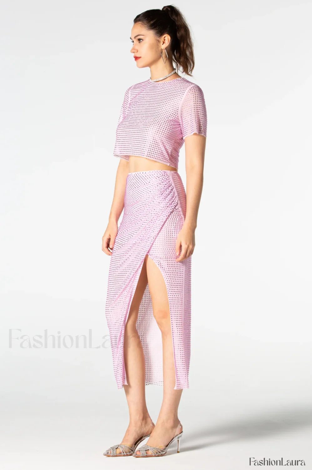 Pink Rhinestone Wrap Charming Midi Skirt Set