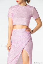 Pink Rhinestone Wrap Charming Midi Skirt Set