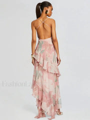 Pink Ruffled Spaghetti Floral Dress