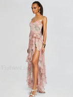 Pink Ruffled Spaghetti Floral Dress