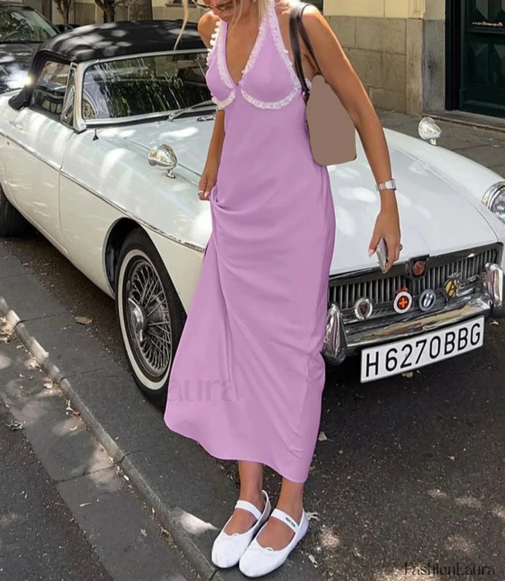 Pink Satin Halter Midi Dress Pink / S