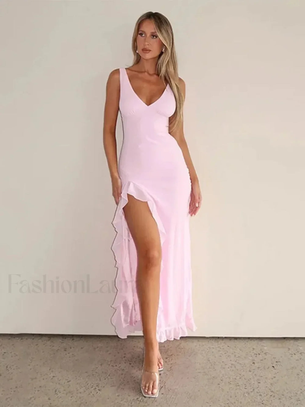Pink Strappy Slit Midi Dress