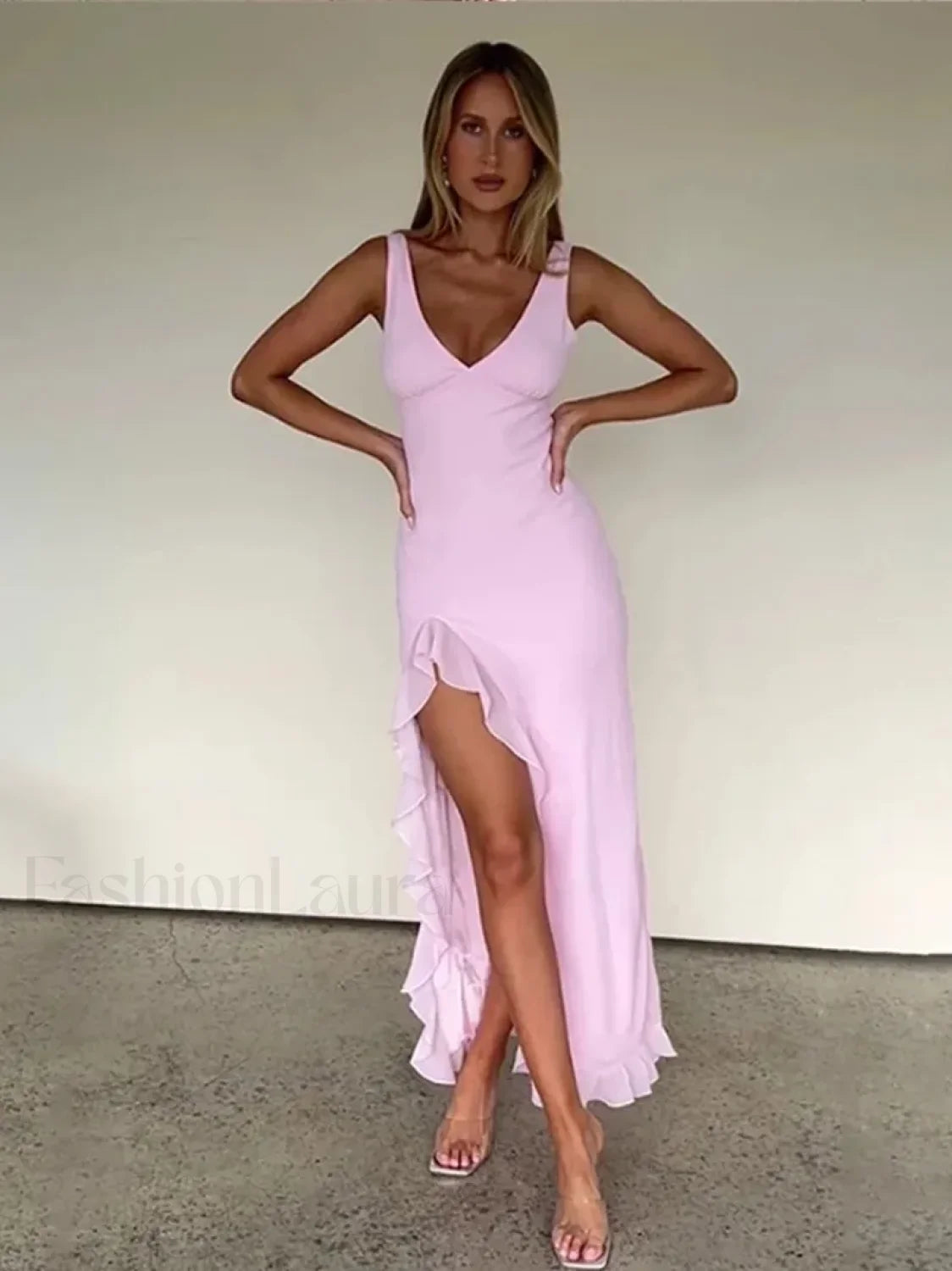 Pink Strappy Slit Midi Dress Secondary image