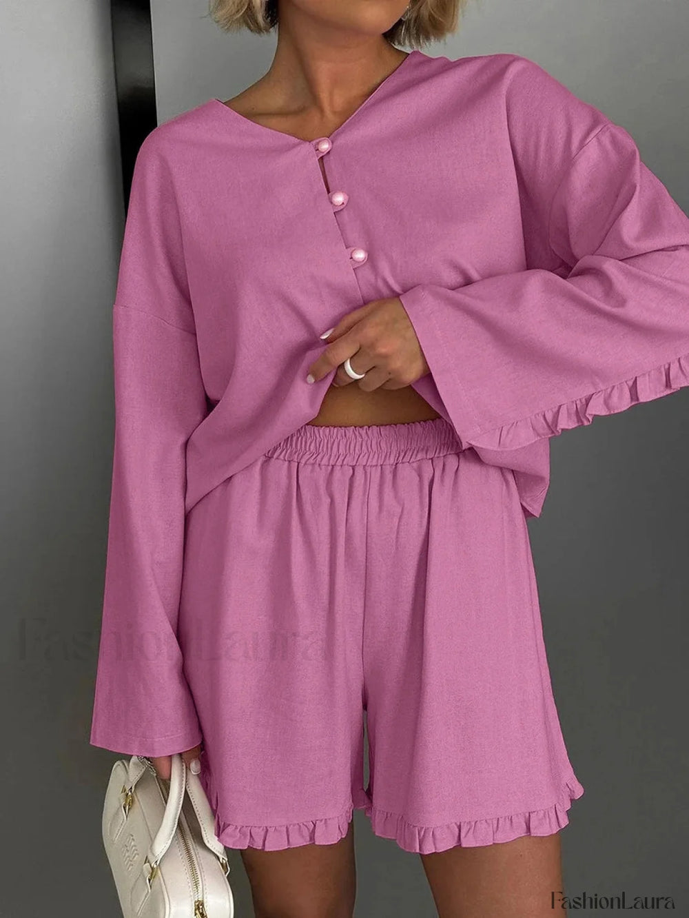 Pink V Neck Long Sleeve Shorts Two Piece Set