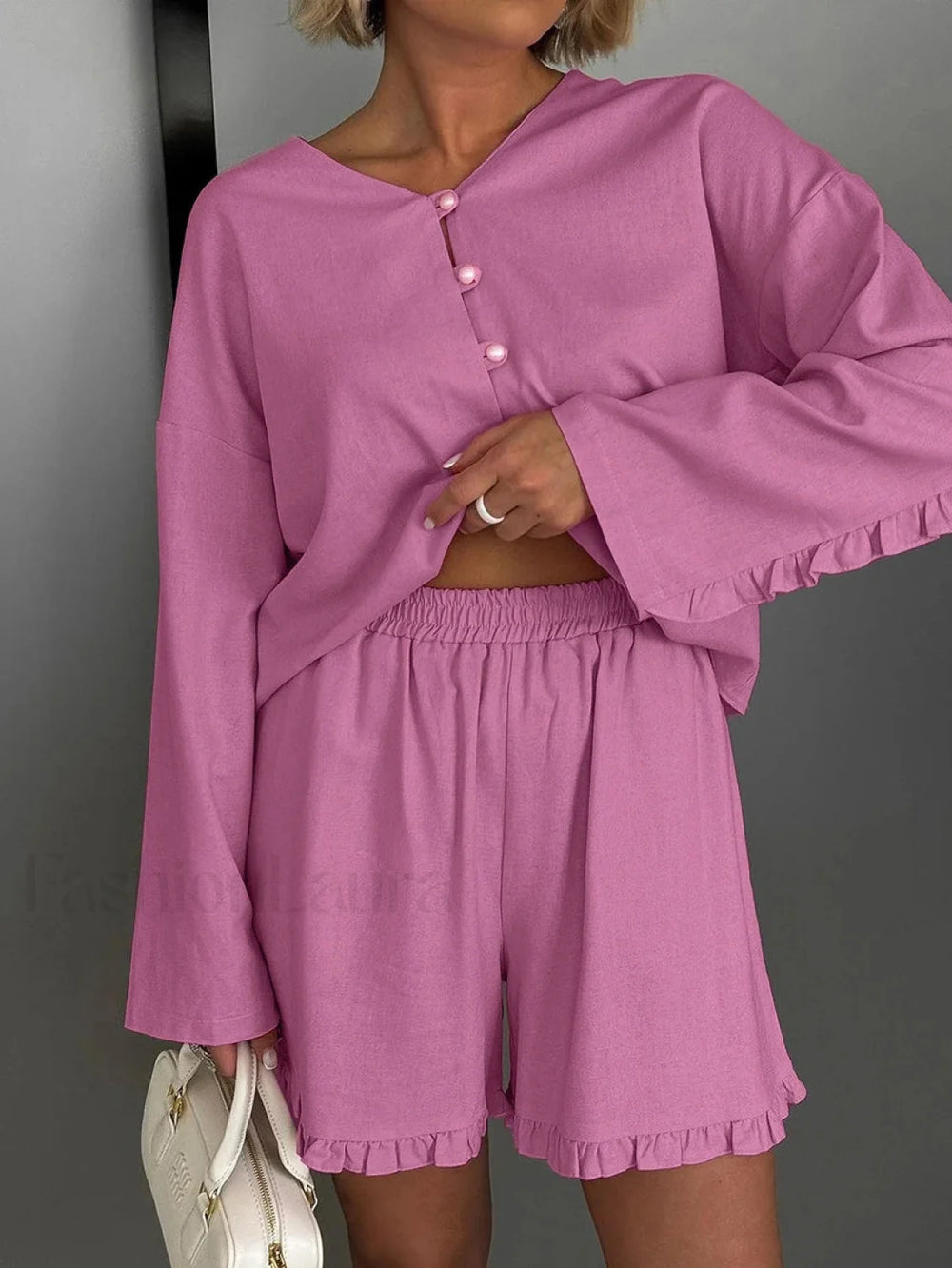 Pink V Neck Long Sleeve Shorts Two Piece Set