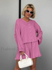 Pink V Neck Long Sleeve Shorts Two Piece Set Pink / S