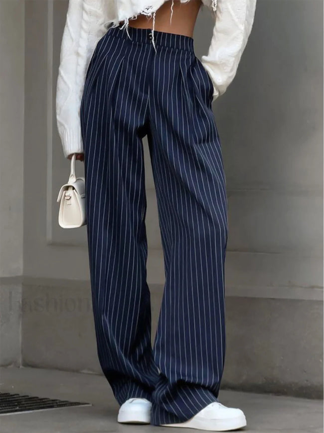 Pinstripe Pleated Wide Leg Pants Navy / XS Pants Main image