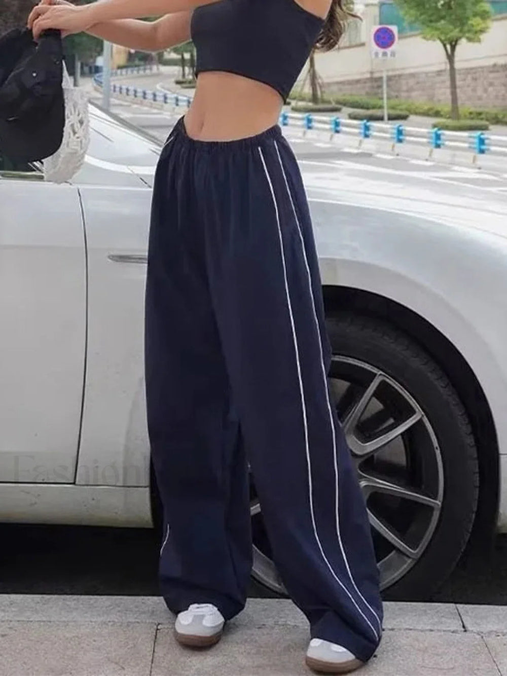 Piping Detail Wide Leg Track Pants Navy Blue / S Wide Leg Pants