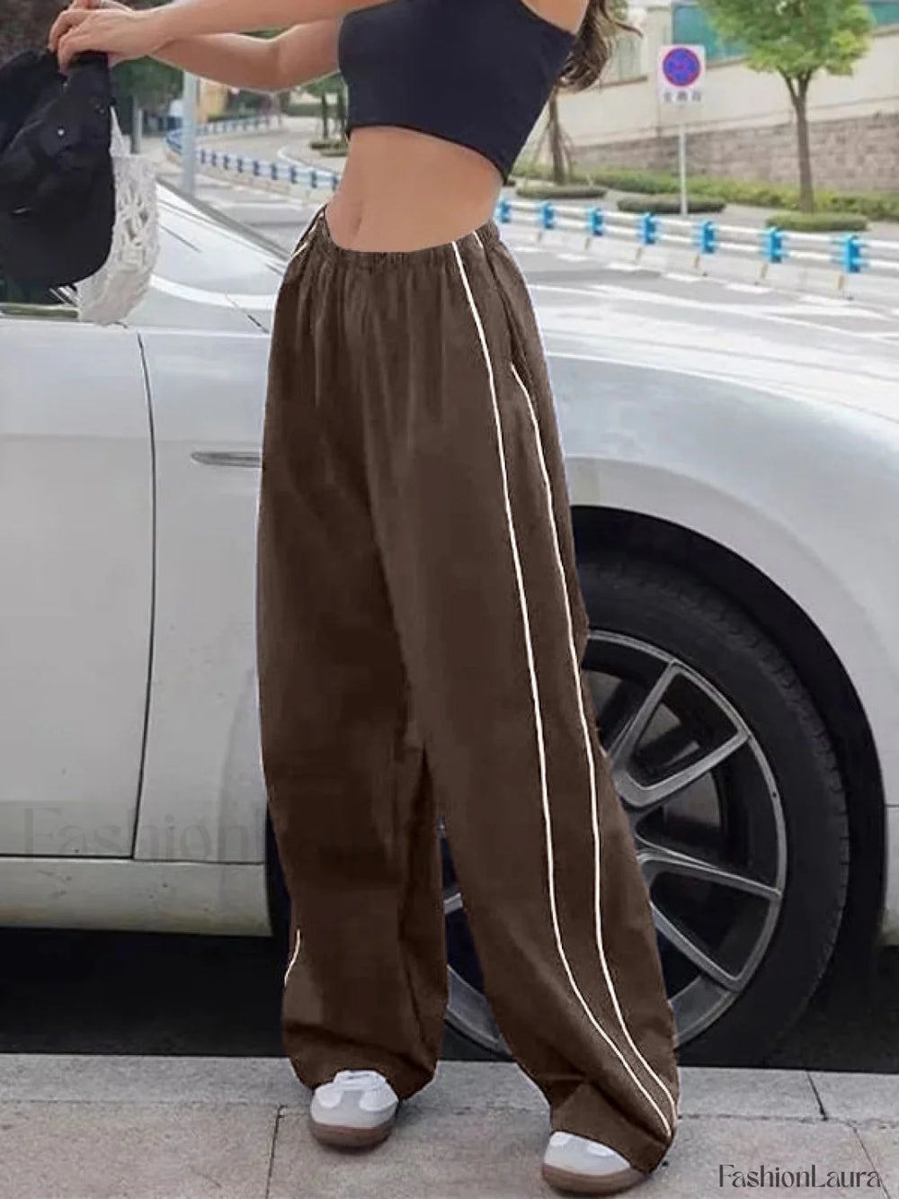 Piping Detail Wide Leg Track Pants Wide Leg Pants