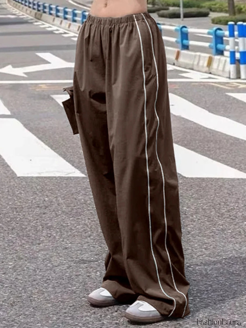 Piping Detail Wide Leg Track Pants Brown / 2XL Wide Leg Pants