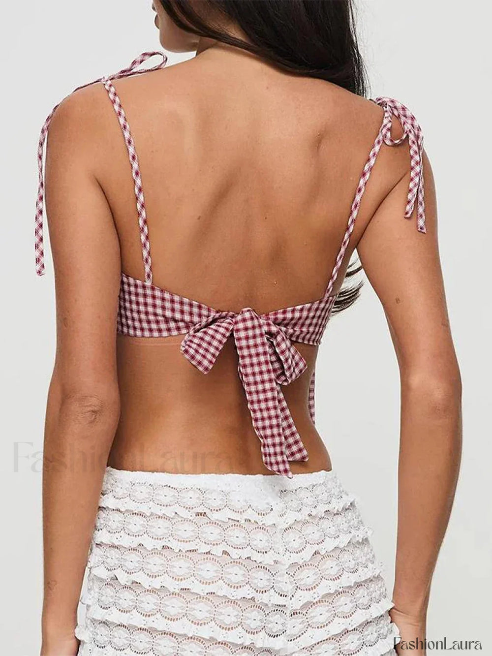 Plaid Backless Bow Tie Crop Top
