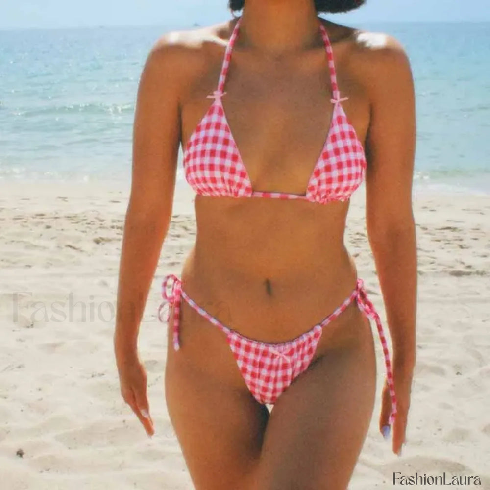 Plaid Backless Tie Up Bikini Set PINK / S