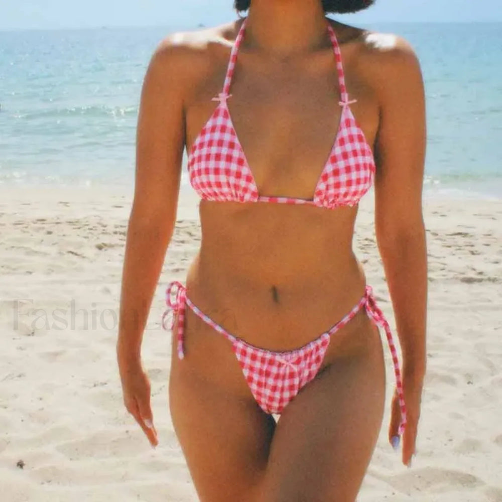 Plaid Backless Tie Up Bikini Set PINK / S