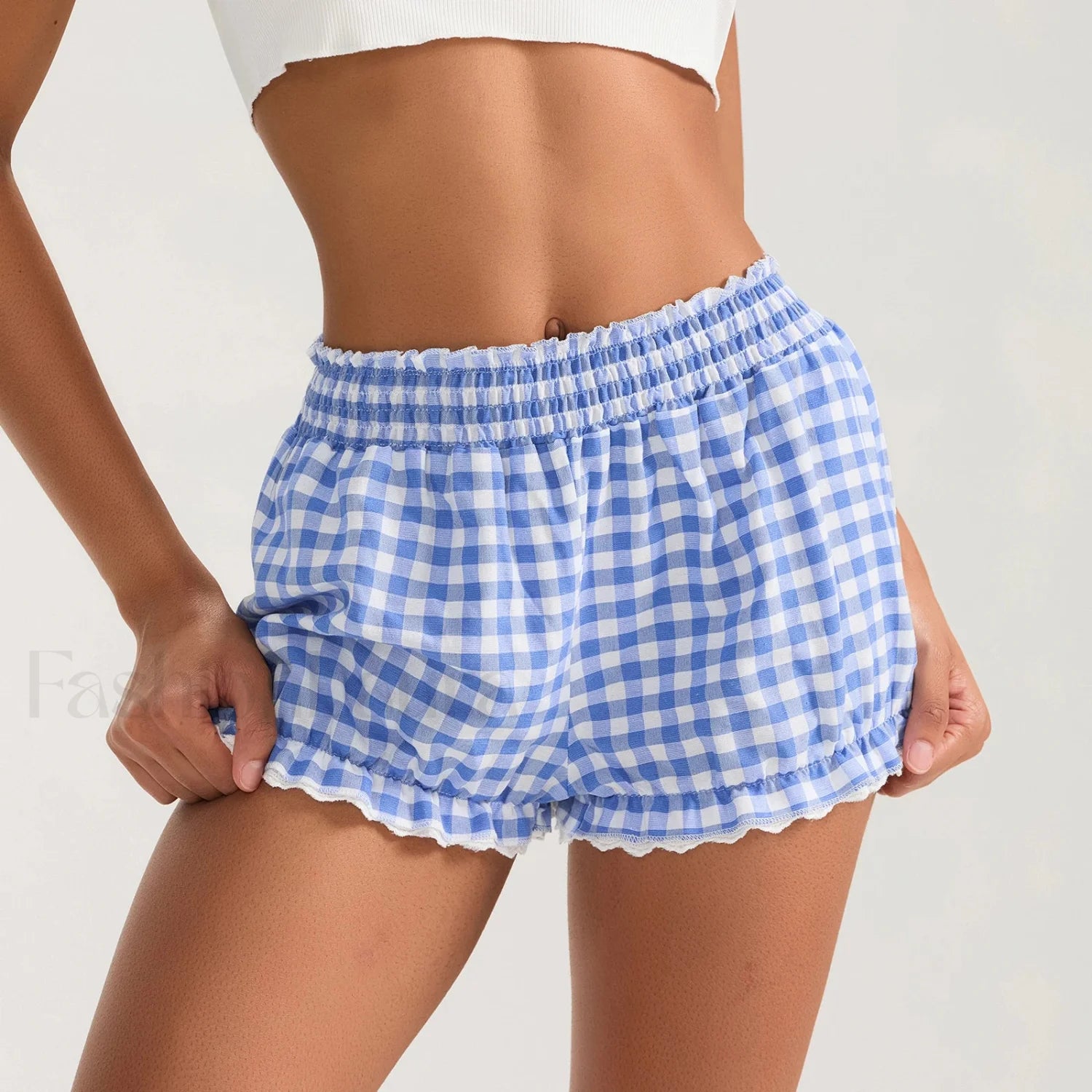 Plaid Bloomers Mid Elasticband Lace Trim Streetwear Lounge Short Secondary image