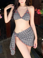 Plaid Bow Halter Three Piece Set