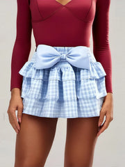 Plaid Bow Tiered Mini Skirt BLUE / S