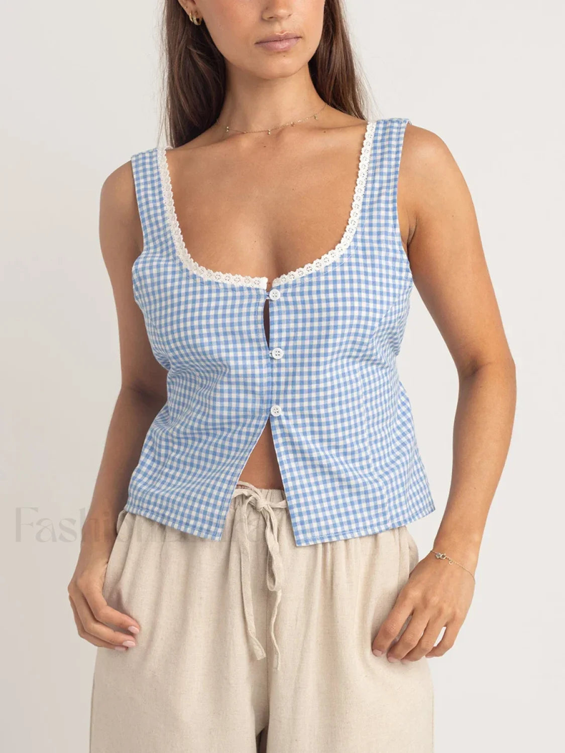 Plaid Button Up Scoop Crop Top Blue / S Main image