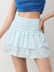 Plaid Cake Ruffle Mini Skirt Light Blue / S