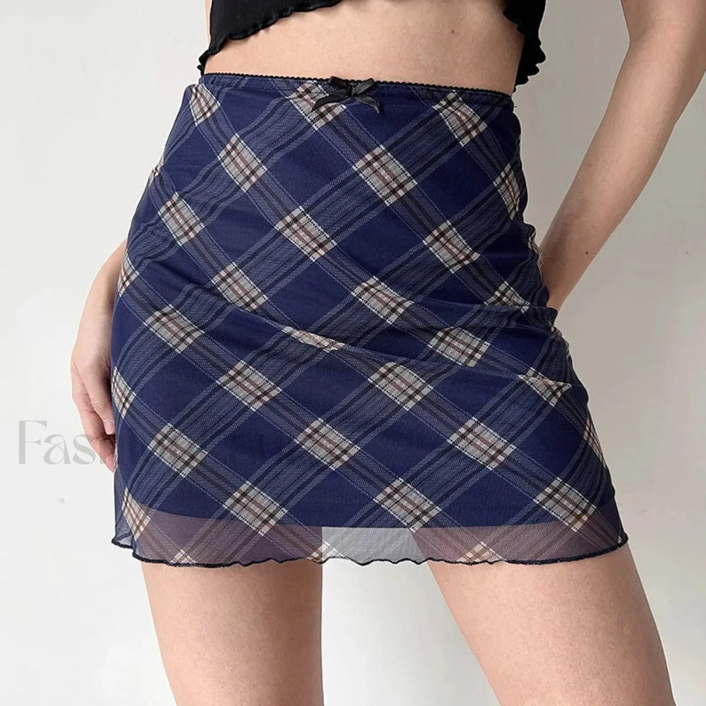 Plaid Double Layer Mesh Y2K Skirt