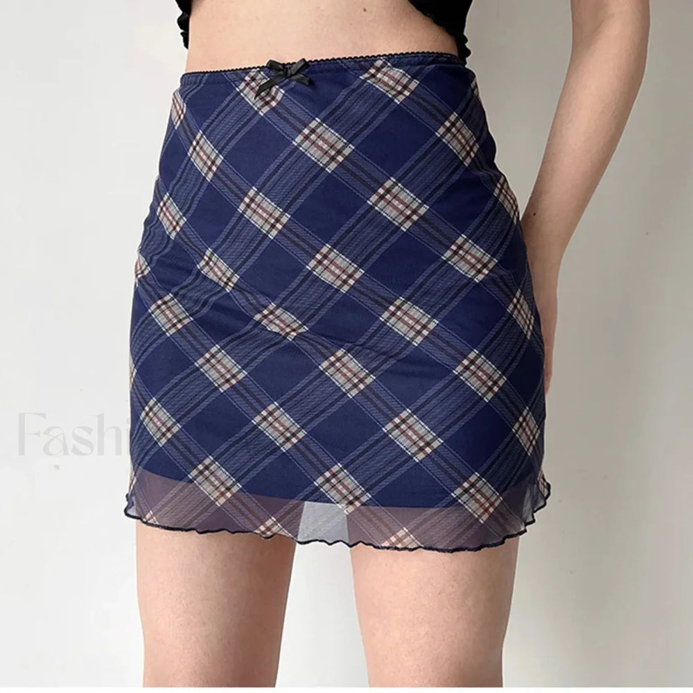 Plaid Double Layer Mesh Y2K Skirt BLUE / S