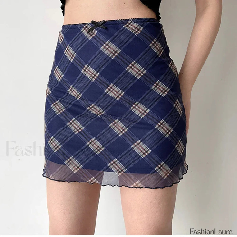 Plaid Double Layer Mesh Y2K Skirt BLUE / S