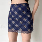 Plaid Double Layer Mesh Y2K Skirt BLUE / S