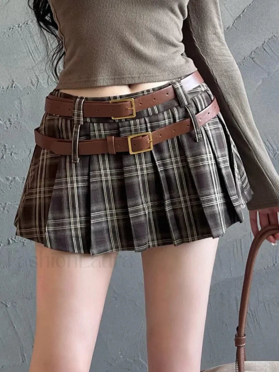 Plaid Double Waistband Pleated Skirt GREY / XS Main image