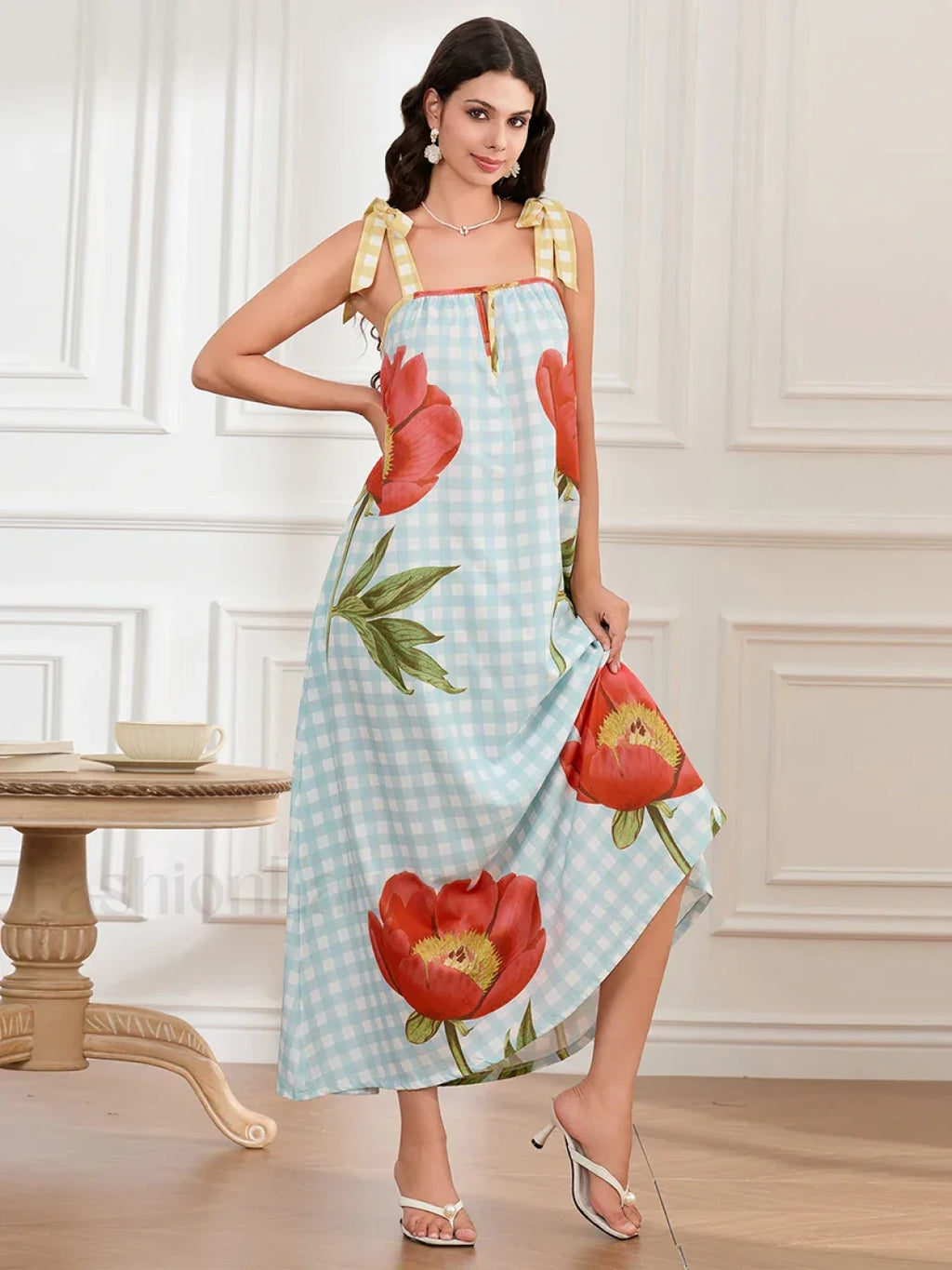 Plaid Flower Loose Tank Maxi Dress